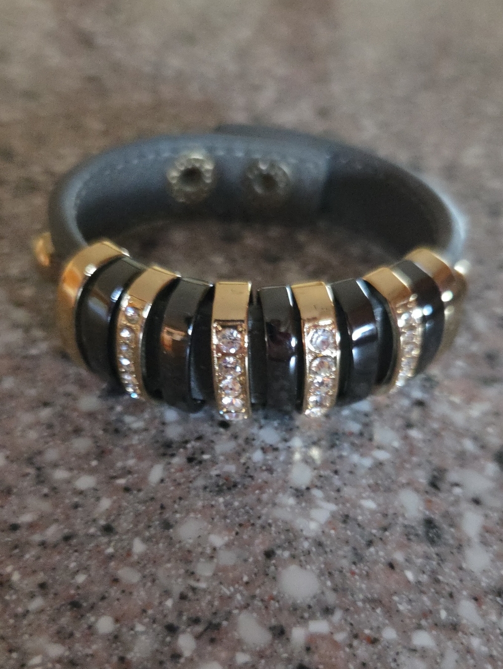 Leatherette Bracelet with Gray Enamel and Gold Crystal Accents